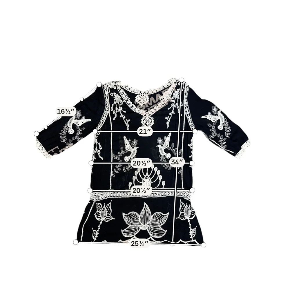 Boho Embroidered Bird Heart Lace Trim V-Neck Tunic Dress Black White 3/4 Sleeve - Picture 8 of 8